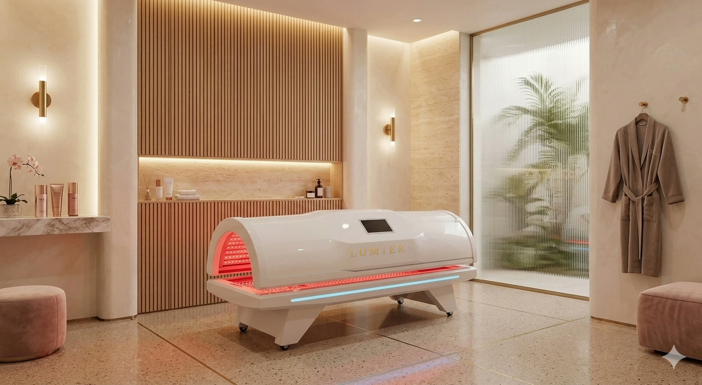 LUMIER in a treatment room with warm wood and soft lighting