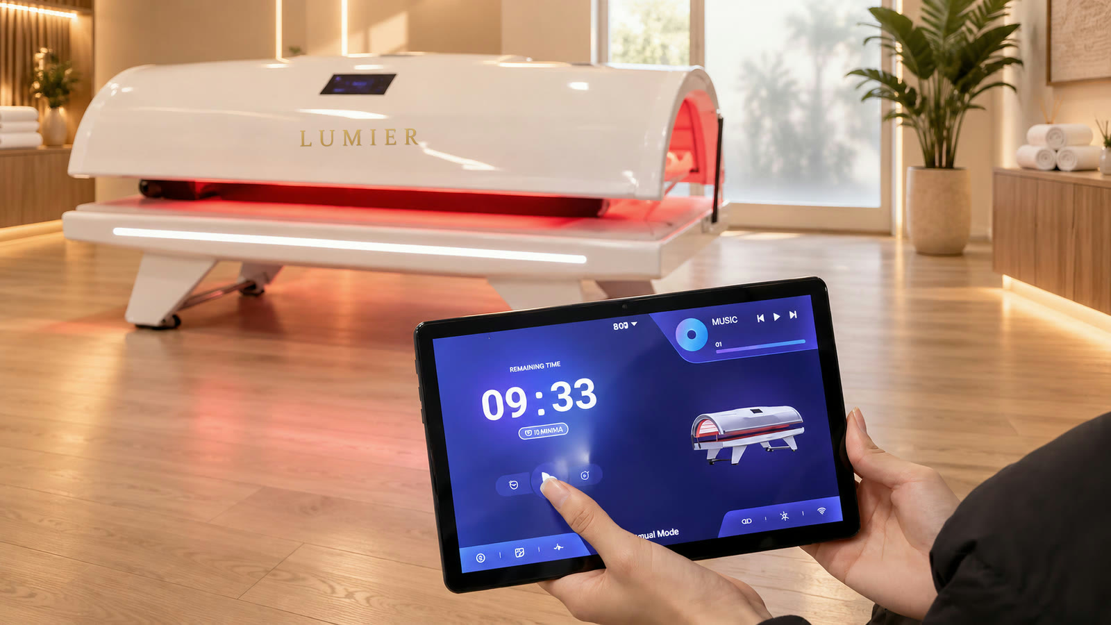 LUMIER in a spa room, controlled from a wireless tablet