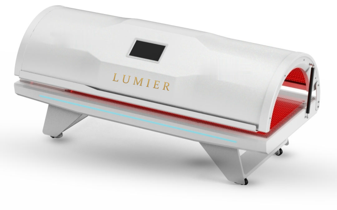 LUMIER bed, three-quarter view