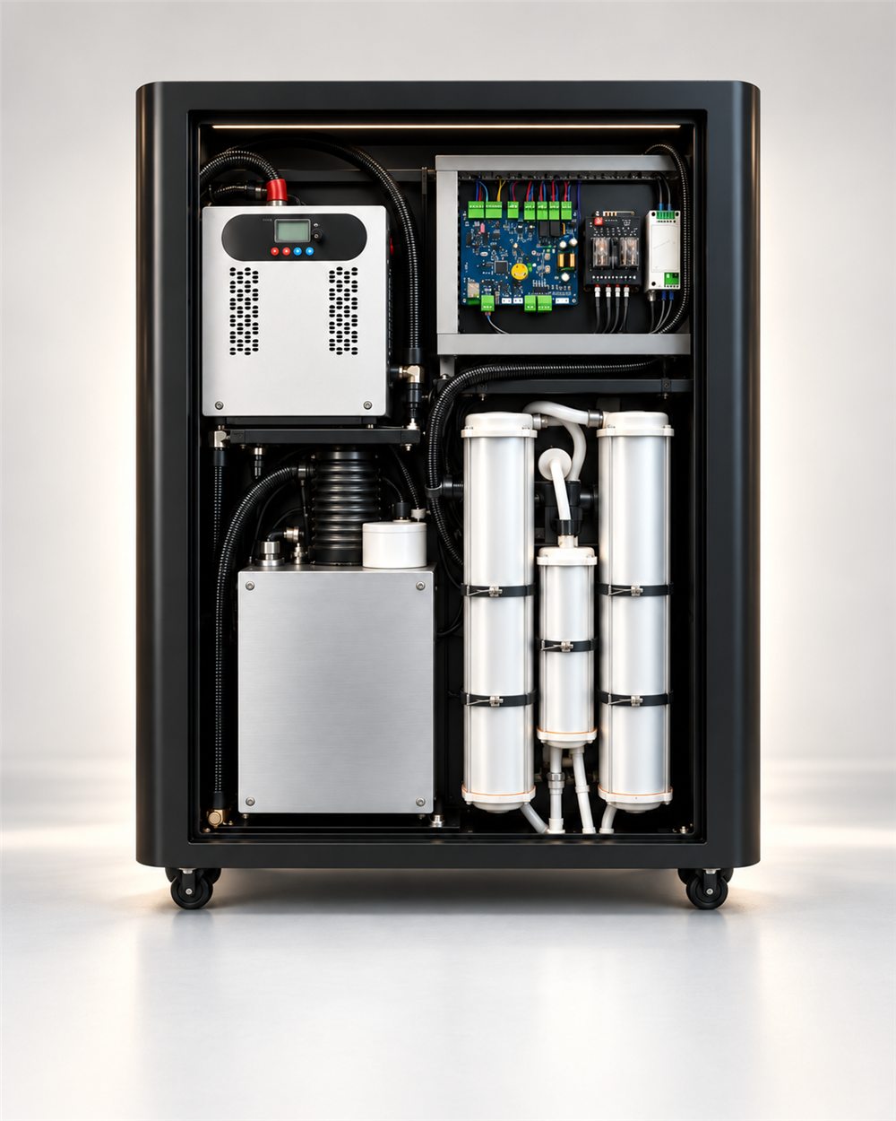 The Power Core cabinet: refrigerated air dryer, integrated control system, air compressor and oxygen generator in a single unit
