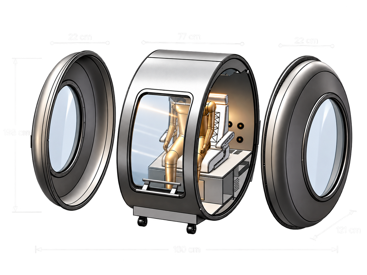 UltraPod disassembled into two 22 cm end caps and a 77 cm central body, with overall dimensions of 180 × 121 × 198 cm