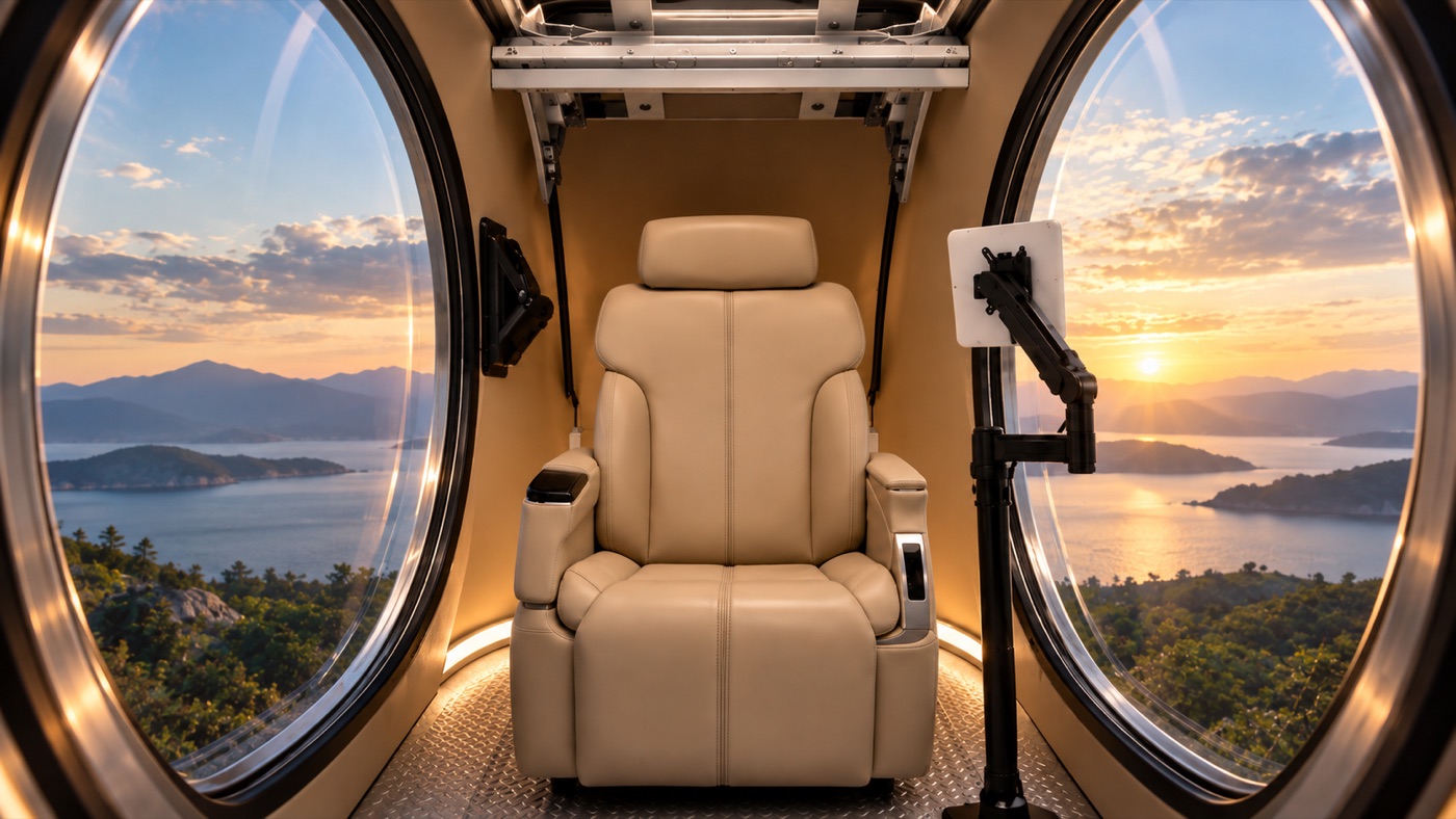 Inside UltraPod: transparent walls on both sides frame the view outside